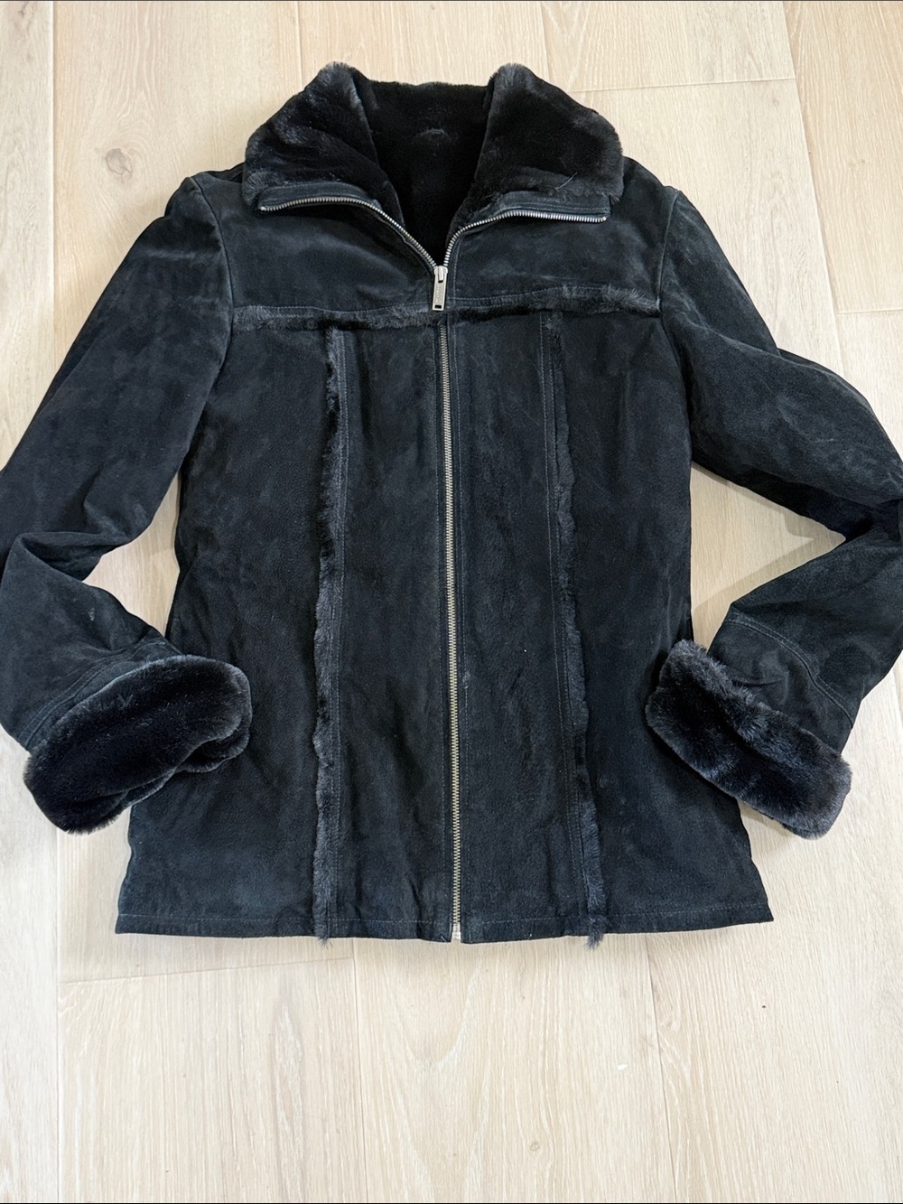 Wilson’s Leather Vintage Suede-Look Shearling Fur Trim Jacket Black Size Small
